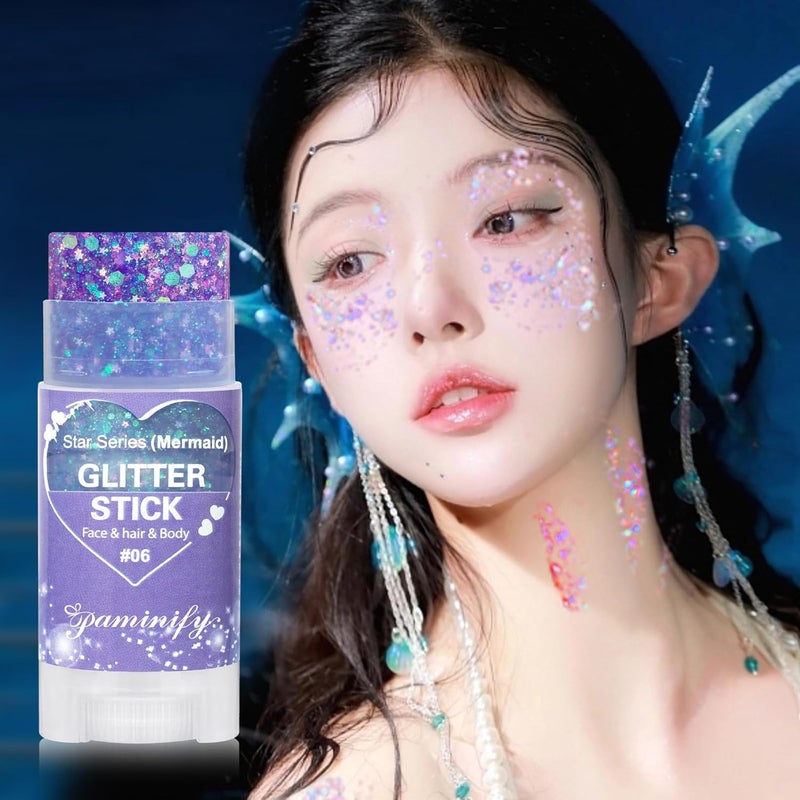 paminify Purple Hair Glitter Stick for Kids,Mardi Gras Outfit for Women,Waterproof Mermaid Body Face Glitter Makeup,Mardi Gras Accessories Chunky Sequins,Halloween Glitter Body Paint for Carnival Festival - Image 4